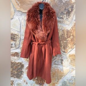Zara Manteco Wool Penny Lane Faux Fur Collar Trench Wrap Coat Size 16 Rust